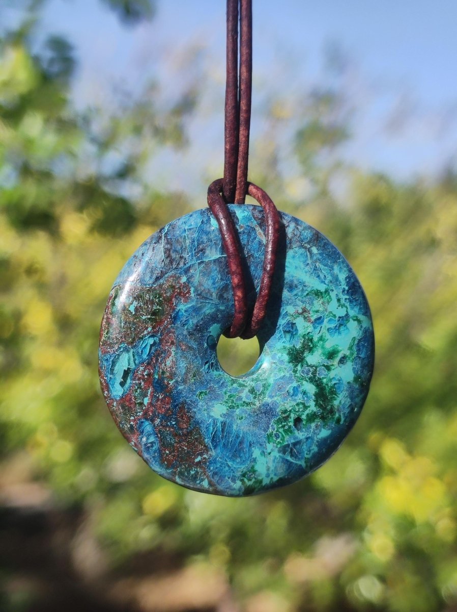 Shattuckit - Chrysocoll Donut Edelstein Kette Heilstein Schutzsymbol Mann Frau Glück HIPPIE GOA Boho Tibet Ethno Natur Rarität Geschenk - Art of Nature Berlin