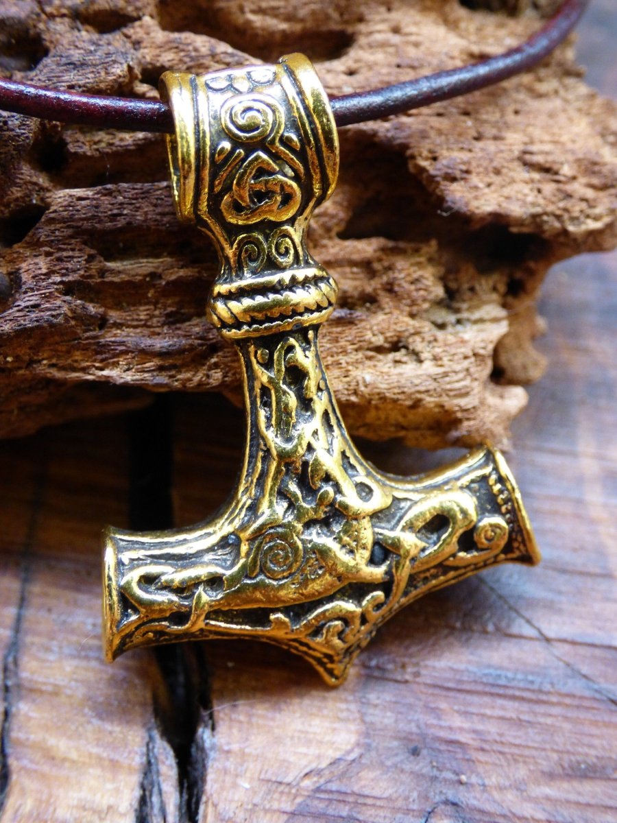 Thors Hammer "Mjölnir" Viking Anhänger Kette Amulett Kette Goa Hippie Boho Ethno Vintage Gold BronzeKeltisch Spirale Muster Odin - Art of Nature Berlin