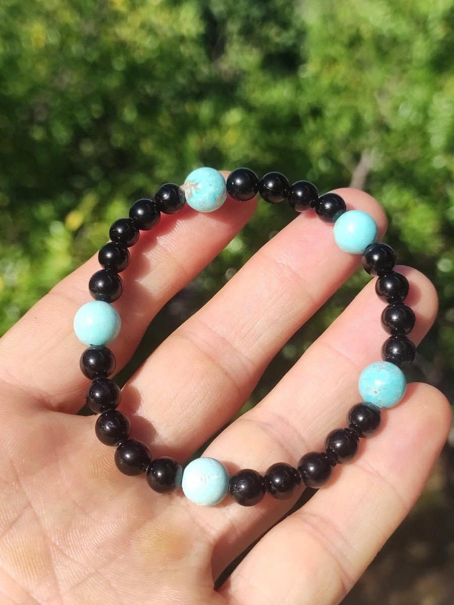 Türkis (Hubei) + Turmalin (Schorl) AAA Edelstein Armband Stretch blau schwarz Perlen Glück Schutz Mann Frau Er Sie Geschenk Freund Rarität - Art of Nature Berlin