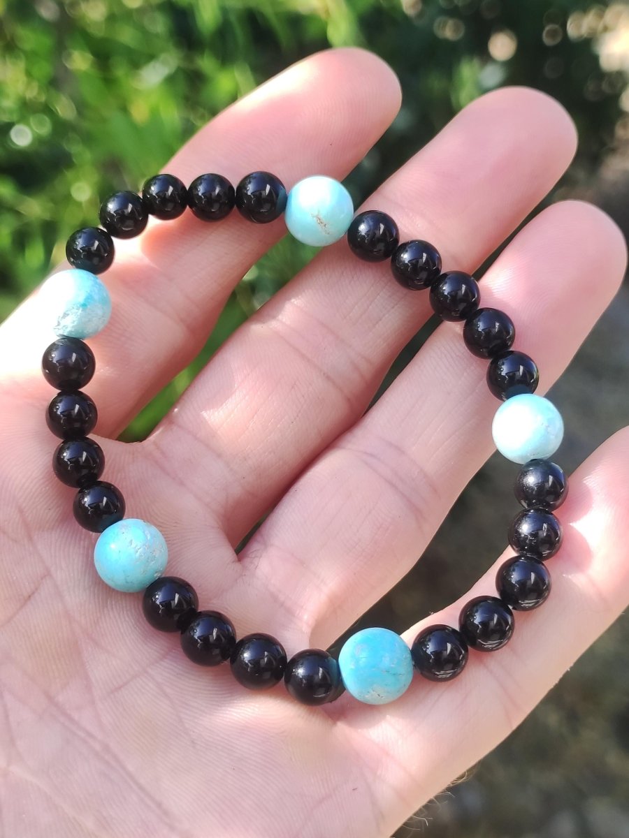 Türkis (Hubei) + Turmalin (Schorl) AAA Edelstein Armband Stretch blau schwarz Perlen Glück Schutz Mann Frau Er Sie Geschenk Freund Rarität - Art of Nature Berlin