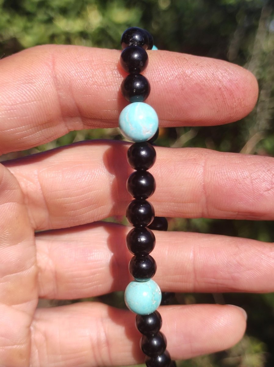Türkis (Hubei) + Turmalin (Schorl) AAA Edelstein Armband Stretch blau schwarz Perlen Glück Schutz Mann Frau Er Sie Geschenk Freund Rarität - Art of Nature Berlin