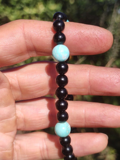 Türkis (Hubei) + Turmalin (Schorl) AAA Edelstein Armband Stretch blau schwarz Perlen Glück Schutz Mann Frau Er Sie Geschenk Freund Rarität - Art of Nature Berlin