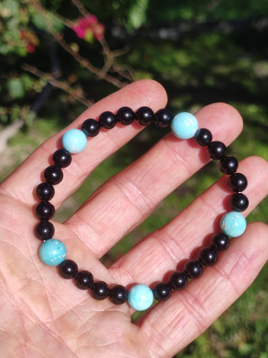 Türkis (Hubei) + Turmalin (Schorl) AAA Edelstein Armband Stretch blau schwarz Perlen Glück Schutz Mann Frau Er Sie Geschenk Freund Rarität - Art of Nature Berlin