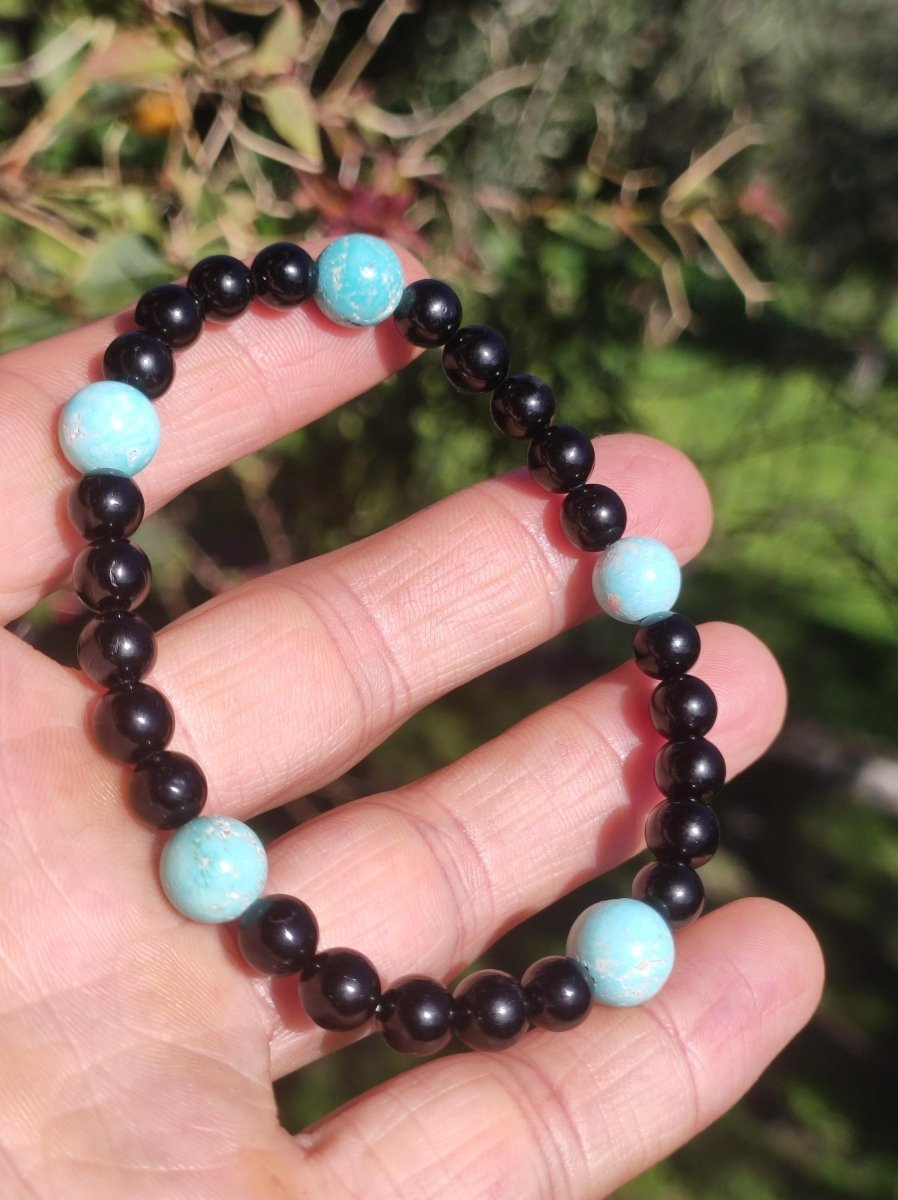 Türkis (Hubei) + Turmalin (Schorl) AAA Edelstein Armband Stretch blau schwarz Perlen Glück Schutz Mann Frau Er Sie Geschenk Freund Rarität - Art of Nature Berlin