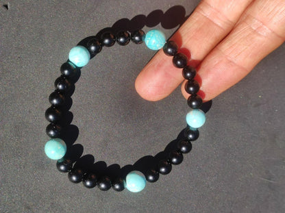 Türkis (Hubei) + Turmalin (Schorl) AAA Edelstein Armband Stretch blau schwarz Perlen Glück Schutz Mann Frau Er Sie Geschenk Freund Rarität - Art of Nature Berlin