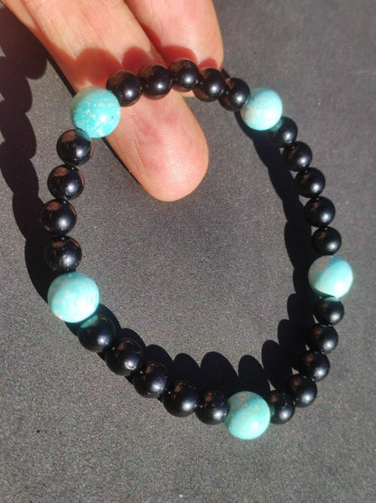 Türkis (Hubei) + Turmalin (Schorl) AAA Edelstein Armband Stretch blau schwarz Perlen Glück Schutz Mann Frau Er Sie Geschenk Freund Rarität - Art of Nature Berlin