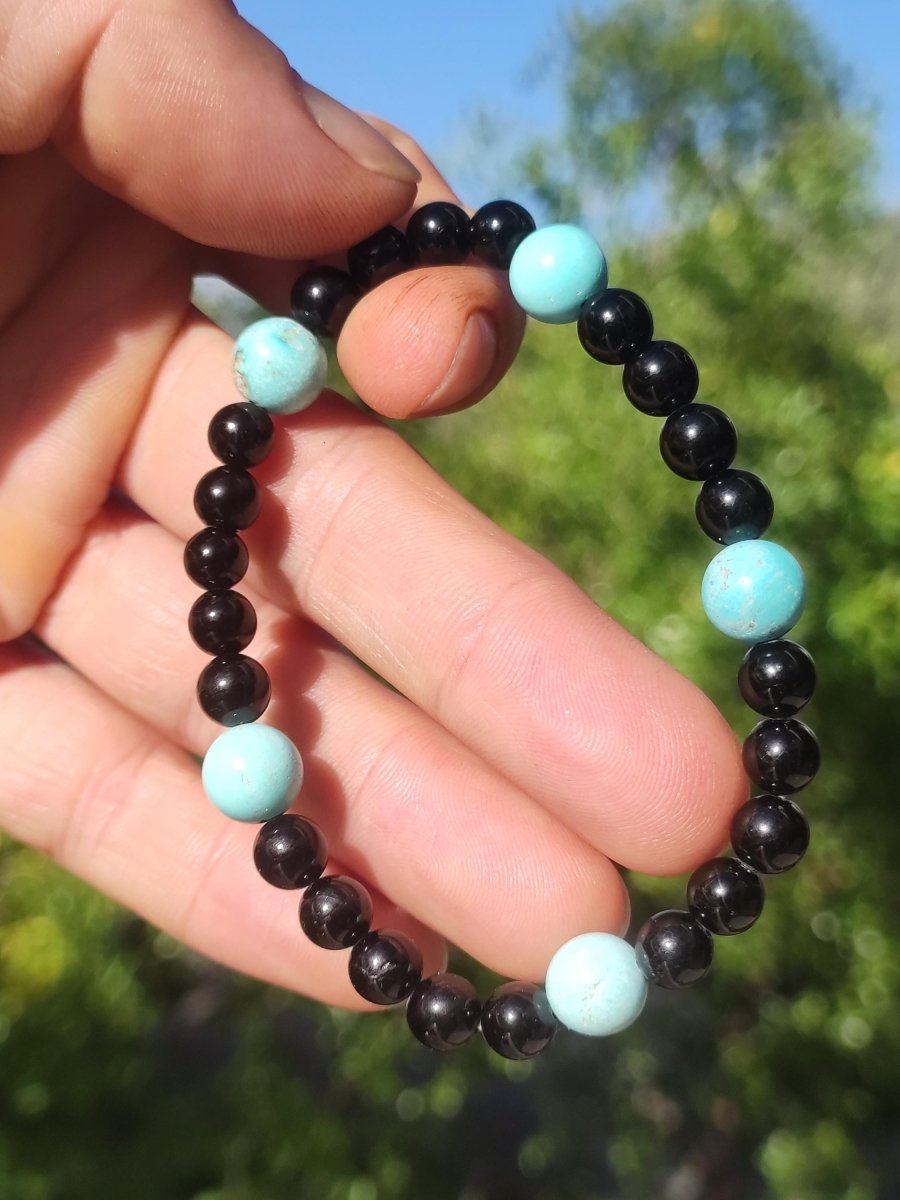 Türkis (Hubei) + Turmalin (Schorl) AAA Edelstein Armband Stretch blau schwarz Perlen Glück Schutz Mann Frau Er Sie Geschenk Freund Rarität - Art of Nature Berlin