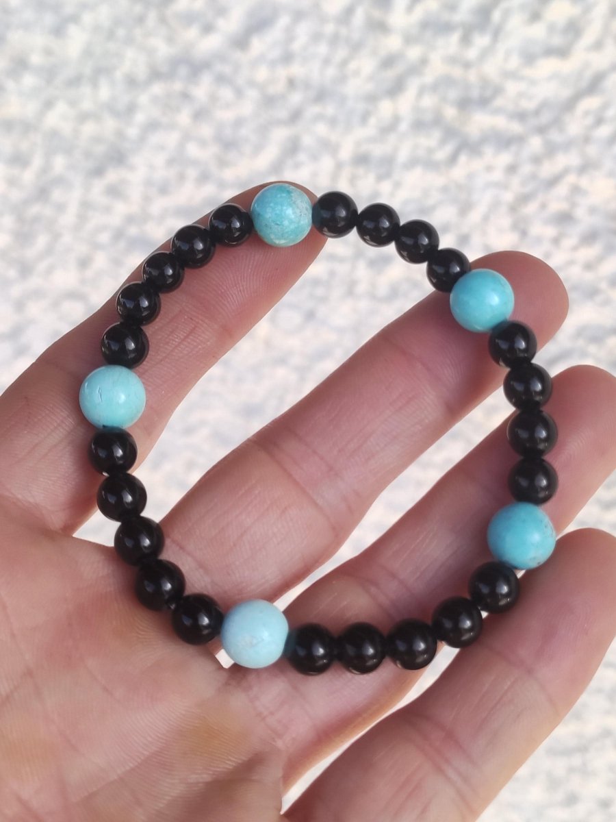 Türkis (Hubei) + Turmalin (Schorl) AAA Edelstein Armband Stretch blau schwarz Perlen Glück Schutz Mann Frau Er Sie Geschenk Freund Rarität - Art of Nature Berlin