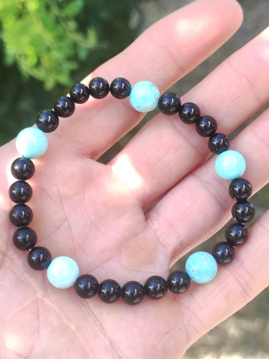 Türkis (Hubei) + Turmalin (Schorl) AAA Edelstein Armband Stretch blau schwarz Perlen Glück Schutz Mann Frau Er Sie Geschenk Freund Rarität - Art of Nature Berlin