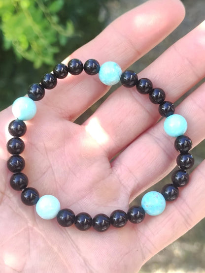Türkis (Hubei) + Turmalin (Schorl) AAA Edelstein Armband Stretch blau schwarz Perlen Glück Schutz Mann Frau Er Sie Geschenk Freund Rarität - Art of Nature Berlin