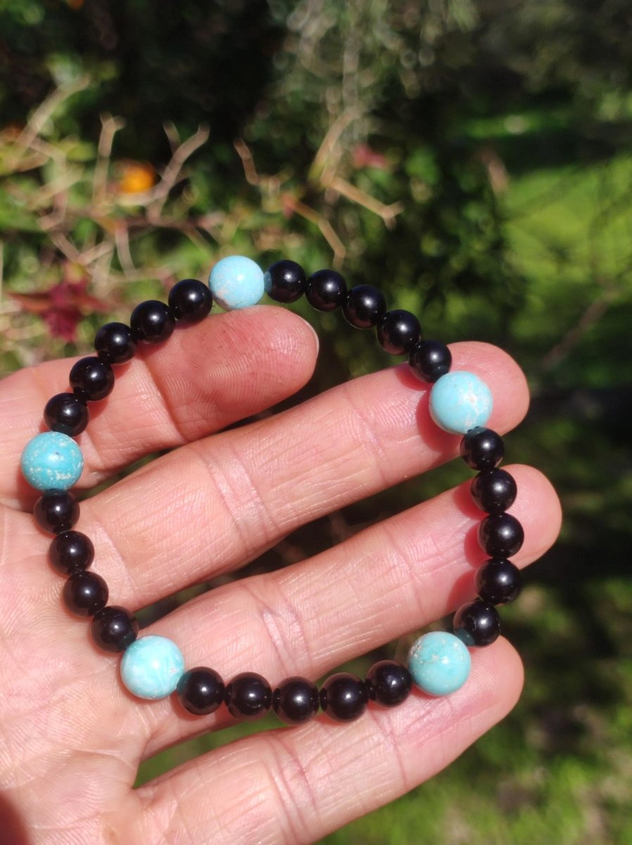 Türkis (Hubei) + Turmalin (Schorl) AAA Edelstein Armband Stretch blau schwarz Perlen Glück Schutz Mann Frau Er Sie Geschenk Freund Rarität - Art of Nature Berlin