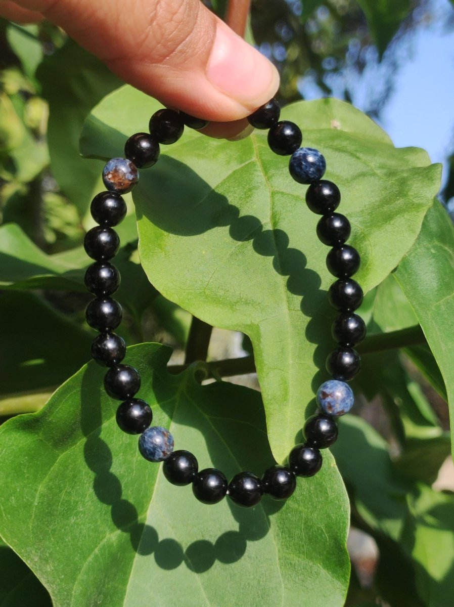 Turmalin (Schorl) + Pegmatit *Rarität* - Edelstein Armband Stretch blau schwarz Perlen Geschenk Glück Mann Frau Kind Er Sie Freund Energie - Art of Nature Berlin