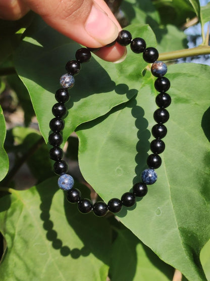 Turmalin (Schorl) + Pegmatit *Rarität* - Edelstein Armband Stretch blau schwarz Perlen Geschenk Glück Mann Frau Kind Er Sie Freund Energie - Art of Nature Berlin