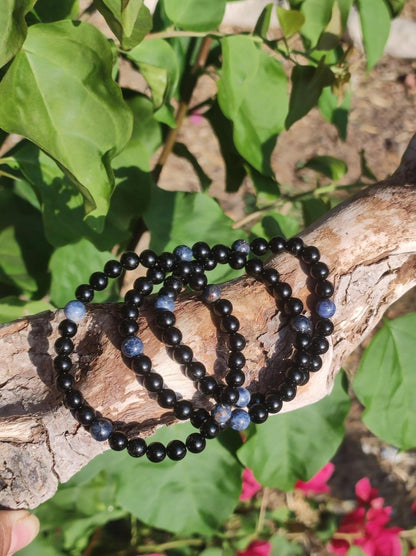 Turmalin (Schorl) + Pegmatit *Rarität* - Edelstein Armband Stretch blau schwarz Perlen Geschenk Glück Mann Frau Kind Er Sie Freund Energie - Art of Nature Berlin