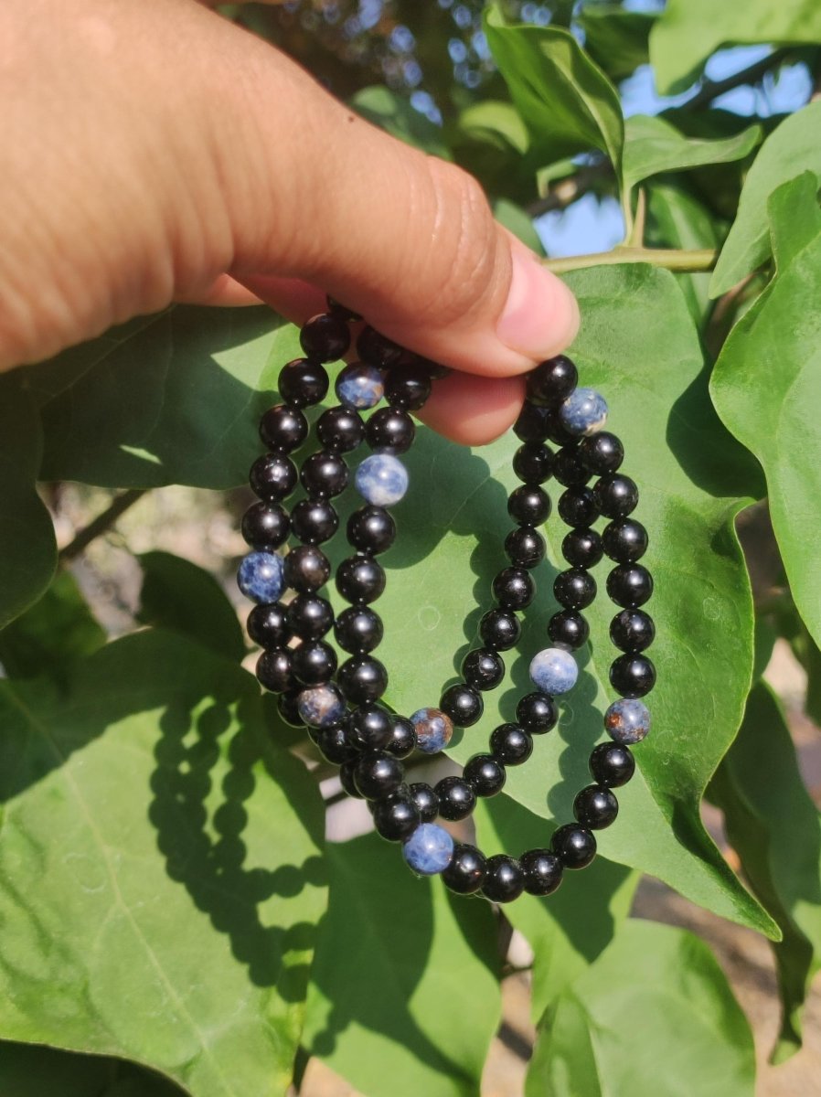Turmalin (Schorl) + Pegmatit *Rarität* - Edelstein Armband Stretch blau schwarz Perlen Geschenk Glück Mann Frau Kind Er Sie Freund Energie - Art of Nature Berlin