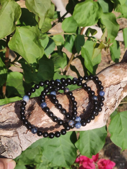Turmalin (Schorl) + Pegmatit *Rarität* - Edelstein Armband Stretch blau schwarz Perlen Geschenk Glück Mann Frau Kind Er Sie Freund Energie - Art of Nature Berlin