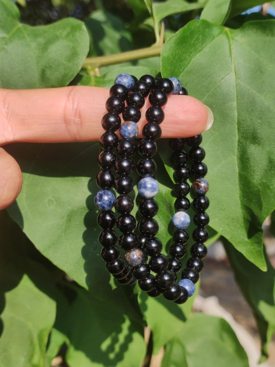 Turmalin (Schorl) + Pegmatit *Rarität* - Edelstein Armband Stretch blau schwarz Perlen Geschenk Glück Mann Frau Kind Er Sie Freund Energie - Art of Nature Berlin