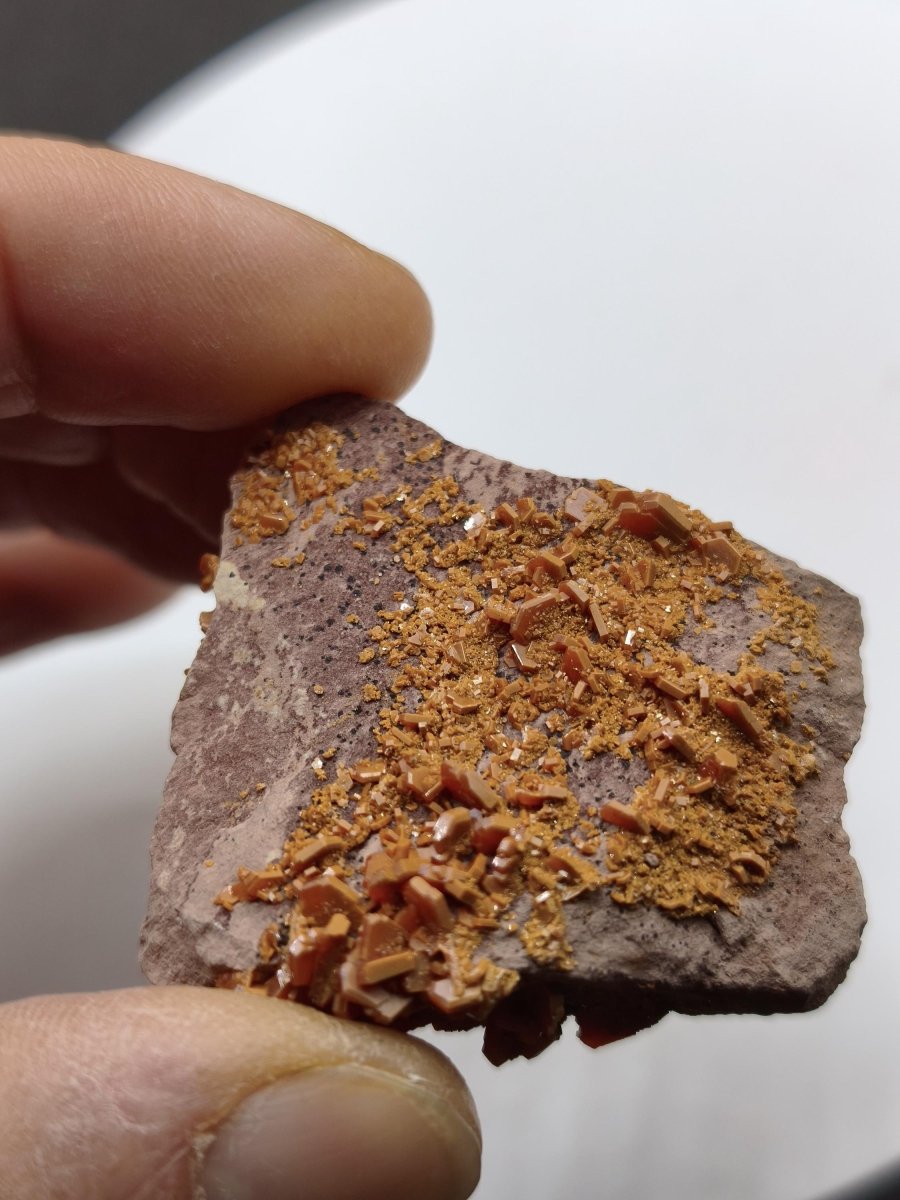 Vanadinit Kristallstufe – Rot-orange hexagonale Kristalle auf Matrix | Mineral Sammlerstufe Kristall Stufe Rarität Unikat Geschenk Marokko - Art of Nature Berlin