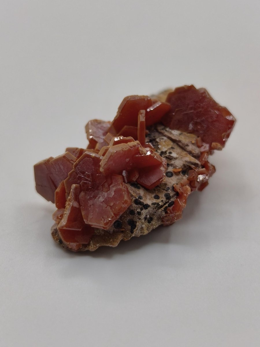 Vanadinit Kristallstufe – Rot-orange hexagonale Kristalle auf Matrix | Mineral Sammlerstufe Kristall Stufe Rarität Unikat Geschenk Marokko - Art of Nature Berlin