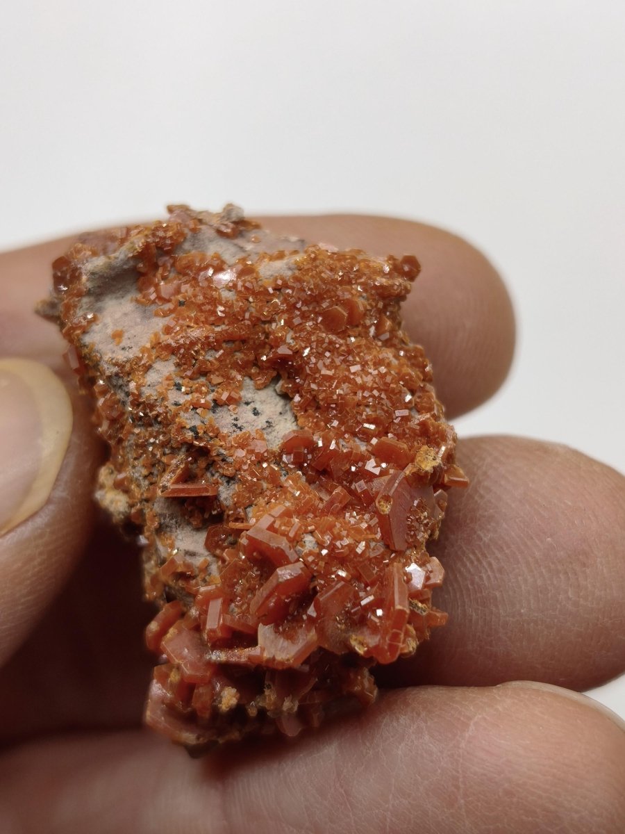 Vanadinit Kristallstufe – Rot-orange hexagonale Kristalle auf Matrix | Mineral Sammlerstufe Kristall Stufe Rarität Unikat Geschenk Marokko - Art of Nature Berlin