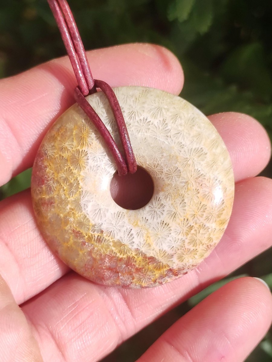 Versteinerte Koralle 40mm Edelstein Kette Donut Heilstein Natur braun beige Energie Rarität Schmuck Frau Mann Er Sie Bruder Geschenk Freund - Art of Nature Berlin