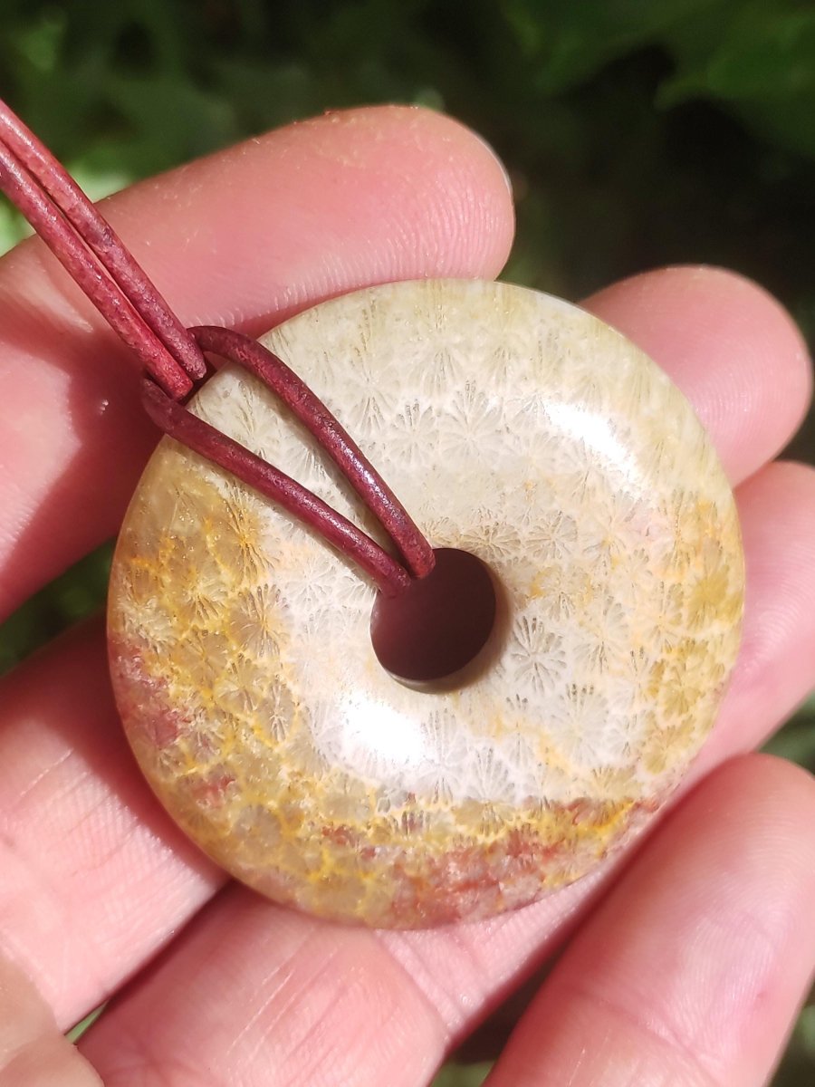 Versteinerte Koralle 40mm Edelstein Kette Donut Heilstein Natur braun beige Energie Rarität Schmuck Frau Mann Er Sie Bruder Geschenk Freund - Art of Nature Berlin