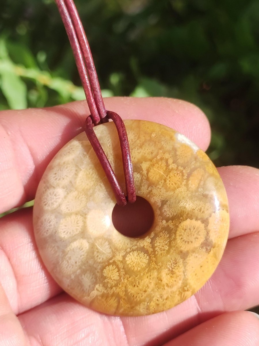 Versteinerte Koralle 40mm Edelstein Kette Donut Heilstein Natur braun beige Energie Rarität Schmuck Frau Mann Er Sie Bruder Geschenk Freund - Art of Nature Berlin