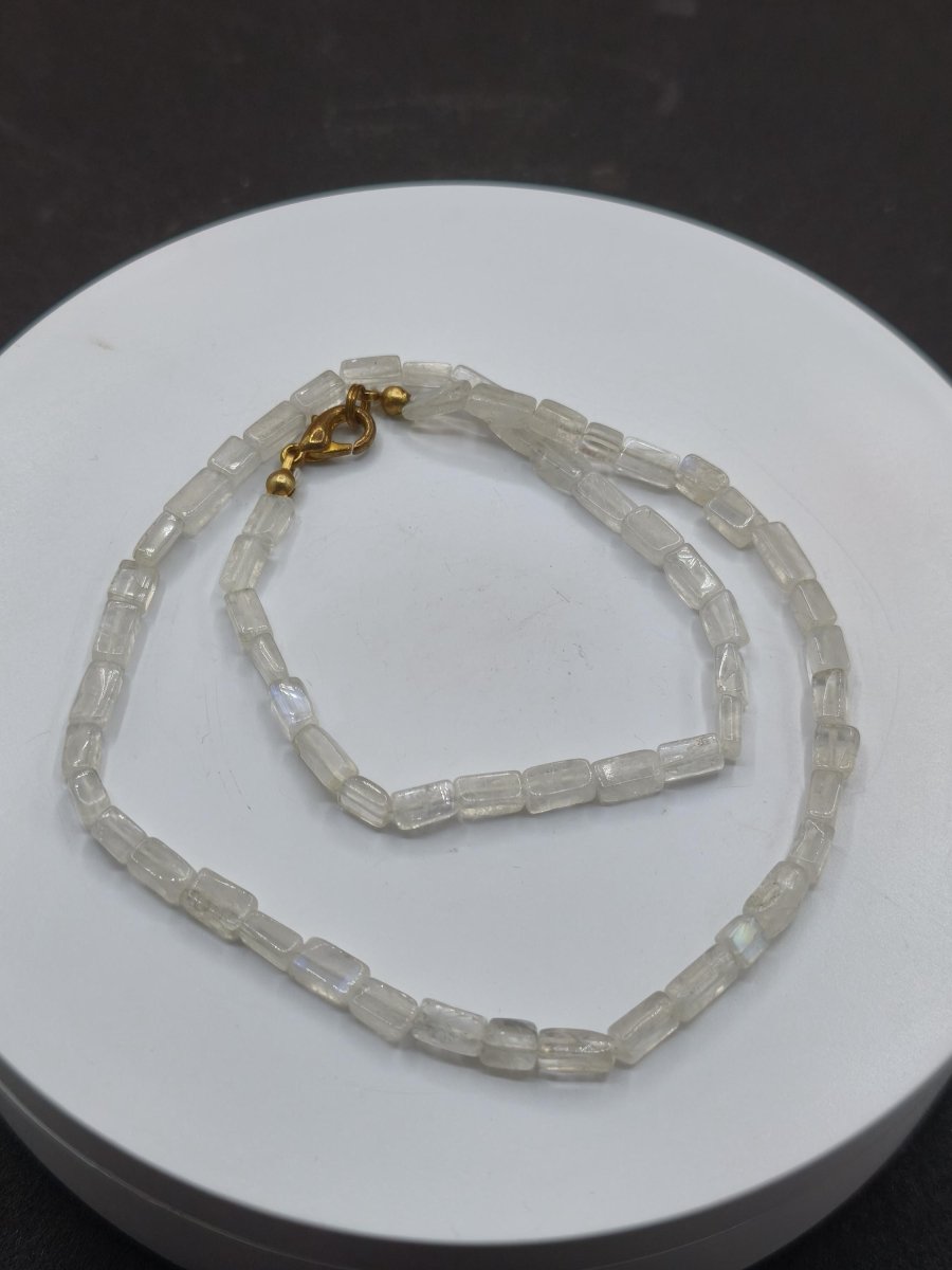 Vintage Mondstein Kette – besonderer Rechteck-Schliff – blauer Schimmer – 43 cm – 925 Silber vergoldet Geschenk Heilstein Rarität Kristall - Art of Nature Berlin