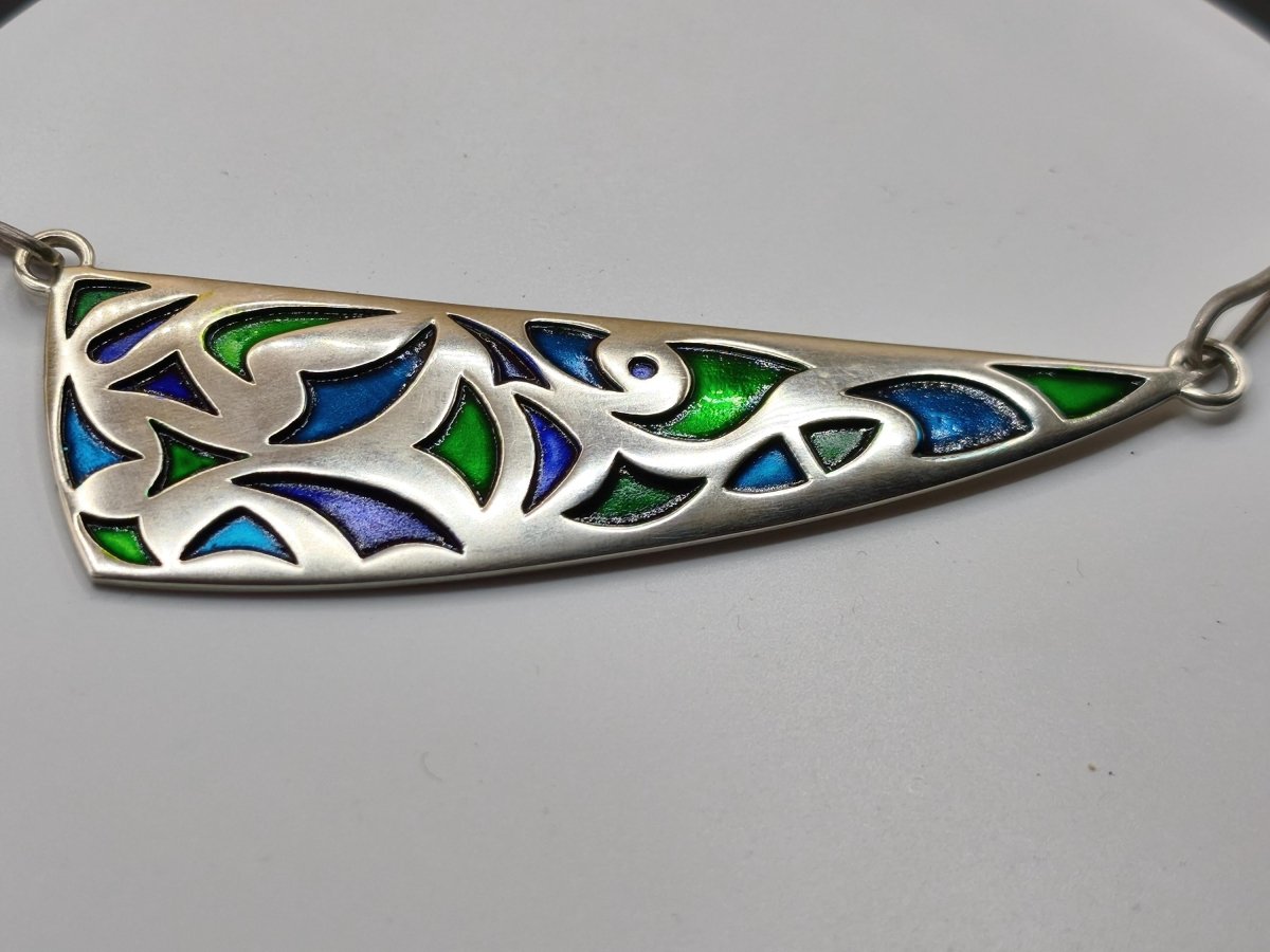 Vintage Silberkette 925 mit Emaille | Großer Design Anhänger 94 mm | Modernist Schmuck Grün Blau Violett | KS Punze Schmuck Unikat Frau - Art of Nature Berlin