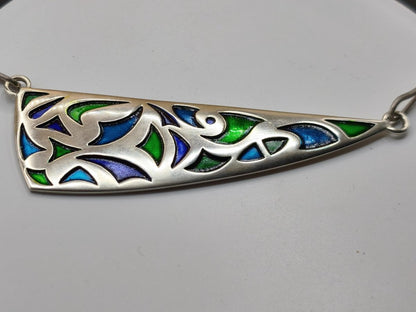 Vintage Silberkette 925 mit Emaille | Großer Design Anhänger 94 mm | Modernist Schmuck Grün Blau Violett | KS Punze Schmuck Unikat Frau - Art of Nature Berlin