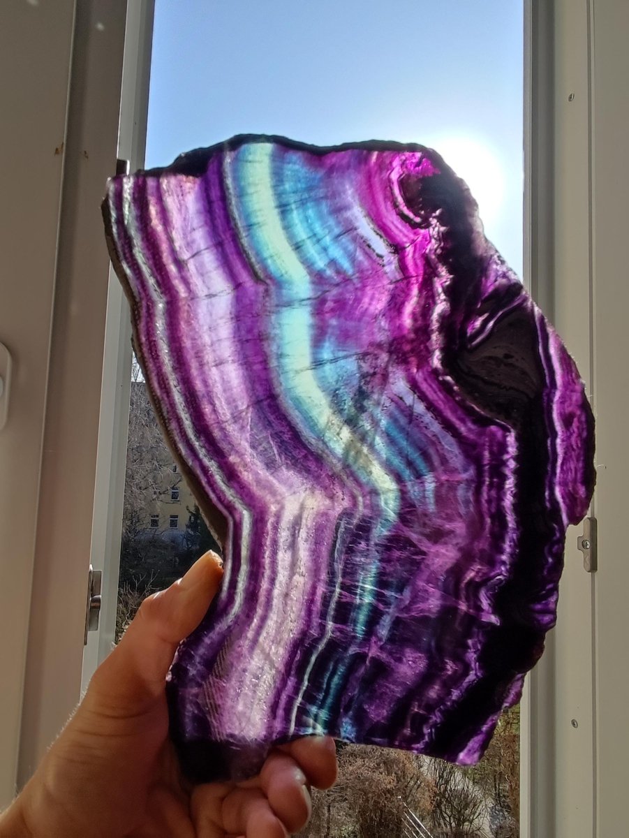 XL Fluorit Regenbogen Edelstein Scheibe Deko Kristall Fensterbank Haus Deko Sonne Wohnen Energie Heilstein Geschenk Sie Bunt Natur Rarität - Art of Nature Berlin