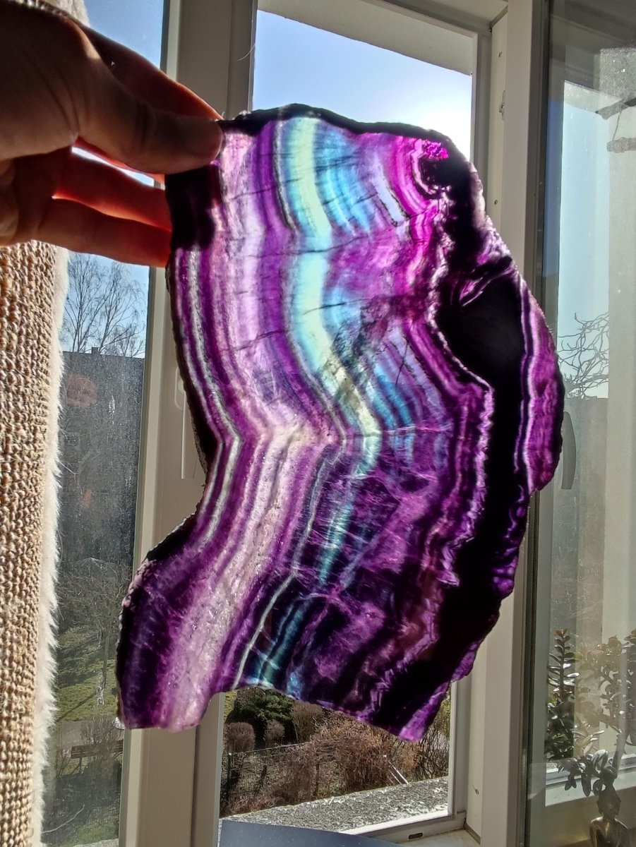 XL Fluorit Regenbogen Edelstein Scheibe Deko Kristall Fensterbank Haus Deko Sonne Wohnen Energie Heilstein Geschenk Sie Bunt Natur Rarität - Art of Nature Berlin