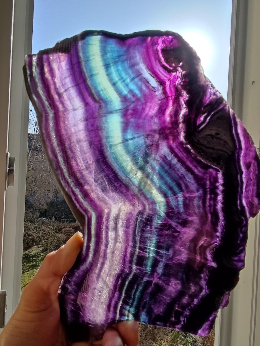 XL Fluorit Regenbogen Edelstein Scheibe Deko Kristall Fensterbank Haus Deko Sonne Wohnen Energie Heilstein Geschenk Sie Bunt Natur Rarität - Art of Nature Berlin