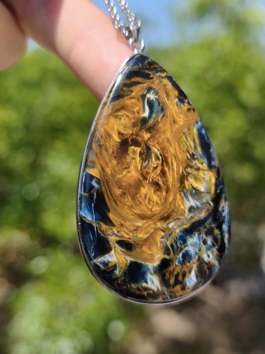 XL Pietersite gold blau AAA - 925 Sterling Silber Edelstein Kette Natur Rarität Heilstein Kristall Mann Frau Er Sie Geschenk Flash Qualität - Art of Nature Berlin