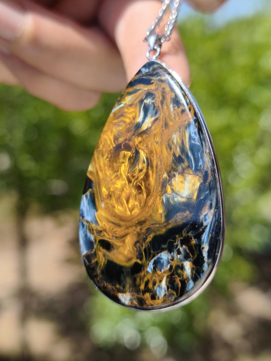 XL Pietersite gold blau AAA - 925 Sterling Silber Edelstein Kette Natur Rarität Heilstein Kristall Mann Frau Er Sie Geschenk Flash Qualität - Art of Nature Berlin
