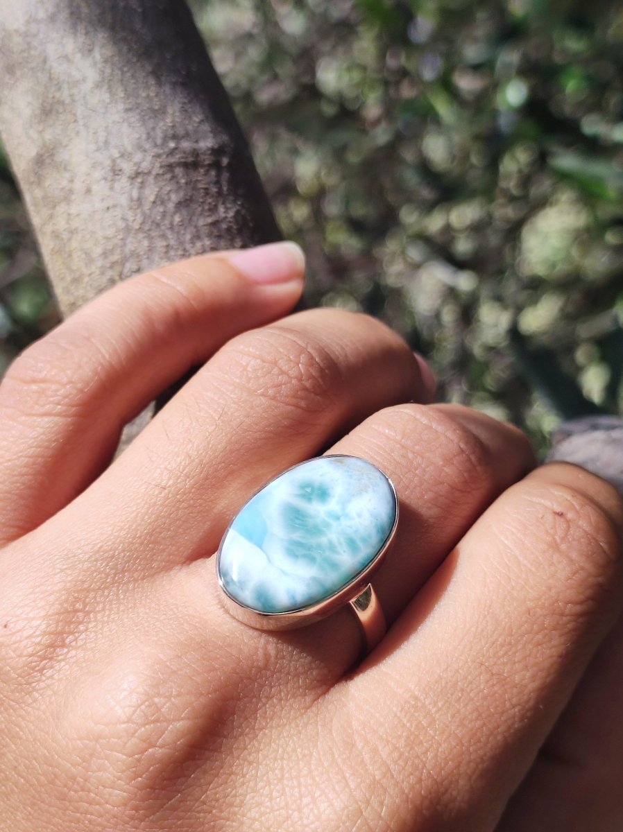 925 Silber Ring ~ Larimar Gr. 58 / 18,5 "Atlantis Stone"~ Edelstein Ring Meer Himmel blau gefasst HIPPIE GOA Boho Ethno Natur Heilstein RAR - Art of Nature Berlin