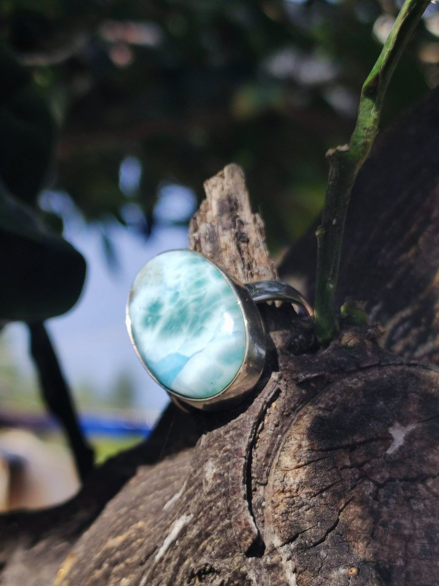 925 Silber Ring ~ Larimar Gr. 58 / 18,5 "Atlantis Stone"~ Edelstein Ring Meer Himmel blau gefasst HIPPIE GOA Boho Ethno Natur Heilstein RAR - Art of Nature Berlin