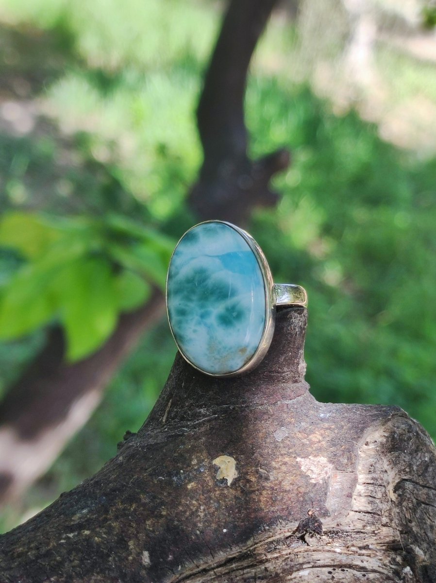 925 Silber Ring ~ Larimar Gr. 58 / 18,5 "Atlantis Stone"~ Edelstein Ring Meer Himmel blau gefasst HIPPIE GOA Boho Ethno Natur Heilstein RAR - Art of Nature Berlin