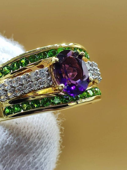 Amethyst & Chromdiopsid - Ring - 925 Silber -vergoldet Größe 19 (60) - Edelstein Heilstein Energie Kraft Frauen Ring Schmuck Edel Diopsid - Art of Nature Berlin