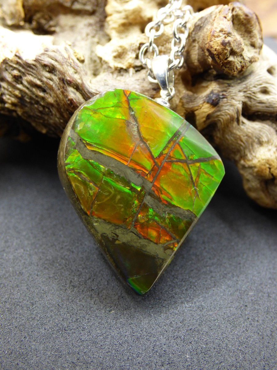 Ammolite Edelstein Kette 925 Sterling Silber ~ Opalisierend ~HIPPIE~GOA~Boho~Ethno~Nature~Heilstein~Fossil~Selten~Sammler~Magic~Grün~Flash - Art of Nature Berlin