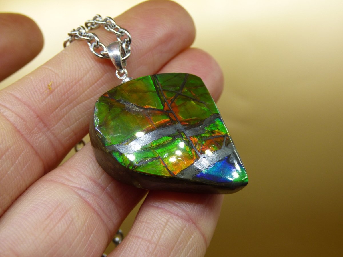 Ammolite Edelstein Kette 925 Sterling Silber ~ Opalisierend ~HIPPIE~GOA~Boho~Ethno~Nature~Heilstein~Fossil~Selten~Sammler~Magic~Grün~Flash - Art of Nature Berlin