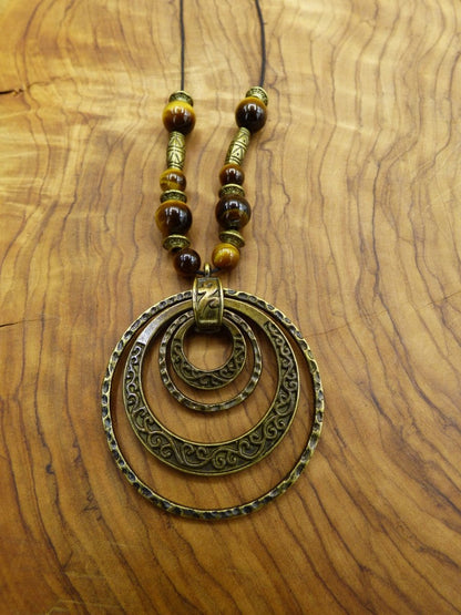 Anhänger Ketten Antik Bronze - Tigerauge Edelsteinperlen Spirale Elefant Mond Ringe Rund Tier HIPPIE GOA Boho Tibet Ethno Natur Kraft braun - Art of Nature Berlin