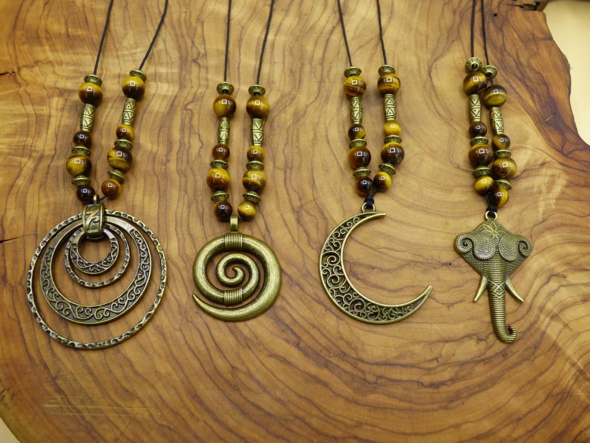 Anhänger Ketten Antik Bronze - Tigerauge Edelsteinperlen Spirale Elefant Mond Ringe Rund Tier HIPPIE GOA Boho Tibet Ethno Natur Kraft braun - Art of Nature Berlin