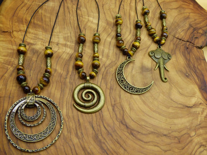 Anhänger Ketten Antik Bronze - Tigerauge Edelsteinperlen Spirale Elefant Mond Ringe Rund Tier HIPPIE GOA Boho Tibet Ethno Natur Kraft braun - Art of Nature Berlin