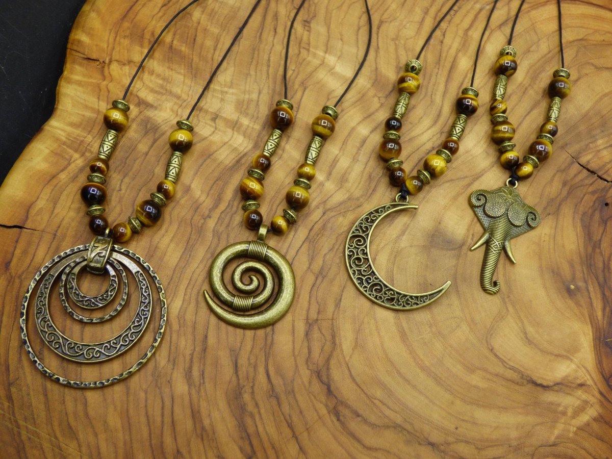 Anhänger Ketten Antik Bronze - Tigerauge Edelsteinperlen Spirale Elefant Mond Ringe Rund Tier HIPPIE GOA Boho Tibet Ethno Natur Kraft braun - Art of Nature Berlin