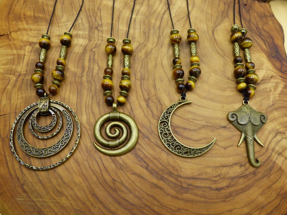 Anhänger Ketten Antik Bronze - Tigerauge Edelsteinperlen Spirale Elefant Mond Ringe Rund Tier HIPPIE GOA Boho Tibet Ethno Natur Kraft braun - Art of Nature Berlin