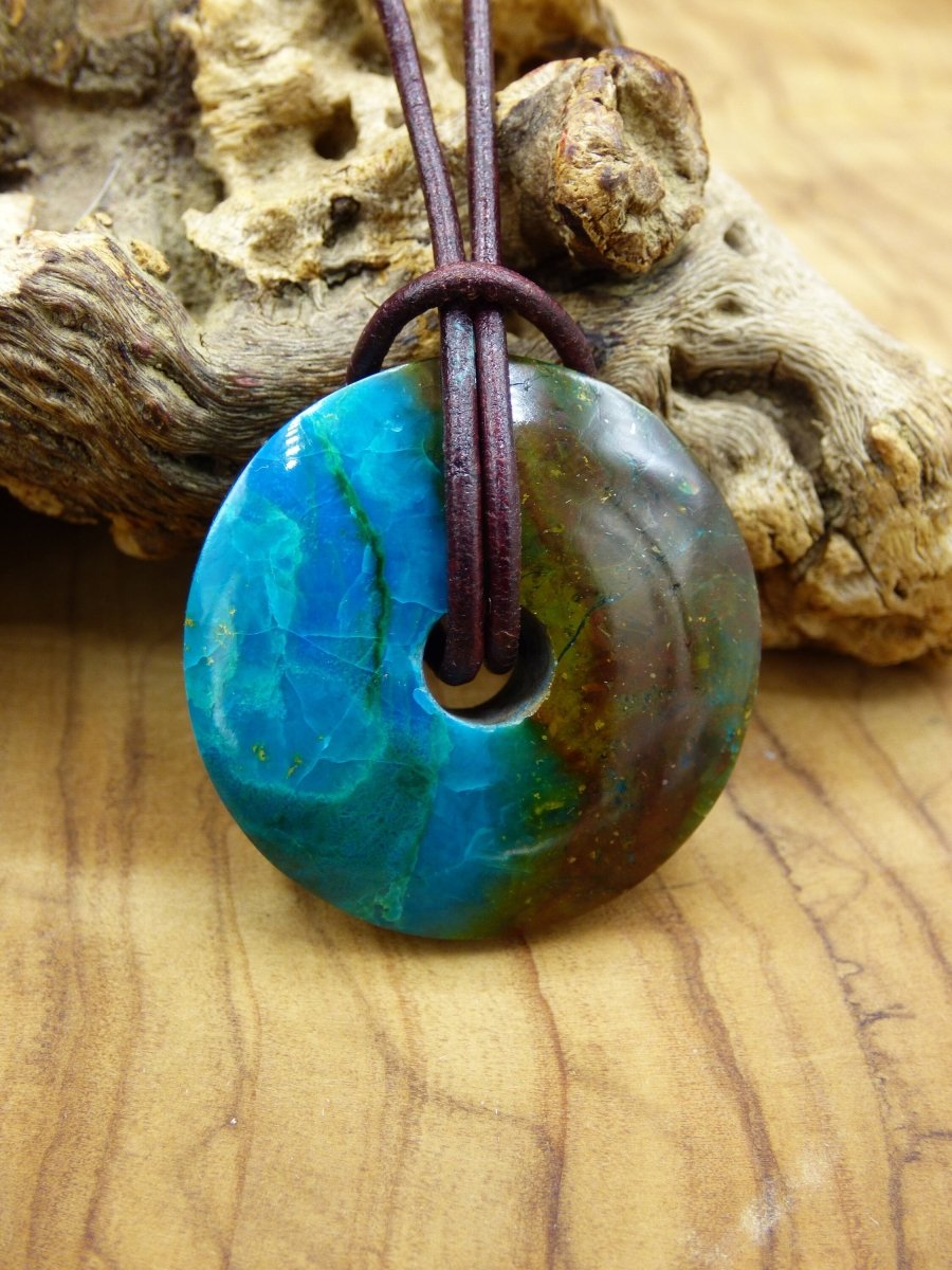 Chrysocoll Chrysokolla Schutzdonut 30mm~ Edelstein Kette ~HIPPIE ~GOA ~Boho ~Tibet ~Ethno ~Nature ~Donut ~Schutzsymbol ~Heilstein ~Rarität - Art of Nature Berlin