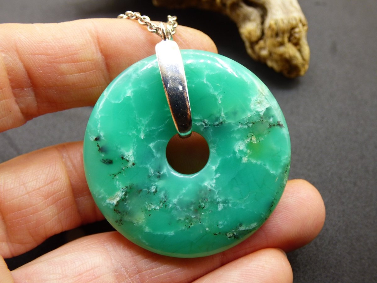 Chrysoprase ~ 925 Sterling Silber Edelstein Kette HIPPIE GOA Boho Ethno Natur Donut Schutzsymbol Heilstein Rarität grün Anhänger rund - Art of Nature Berlin