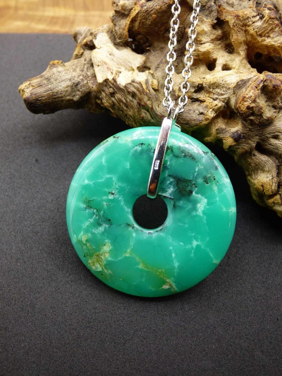 Chrysoprase ~ 925 Sterling Silber Edelstein Kette HIPPIE GOA Boho Ethno Natur Donut Schutzsymbol Heilstein Rarität grün Anhänger rund - Art of Nature Berlin