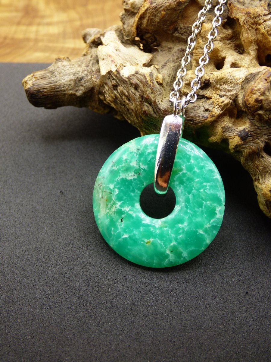 Chrysoprase ~ 925 Sterling Silber Edelstein Kette HIPPIE GOA Boho Ethno Natur Donut Schutzsymbol Heilstein Rarität grün Anhänger rund - Art of Nature Berlin